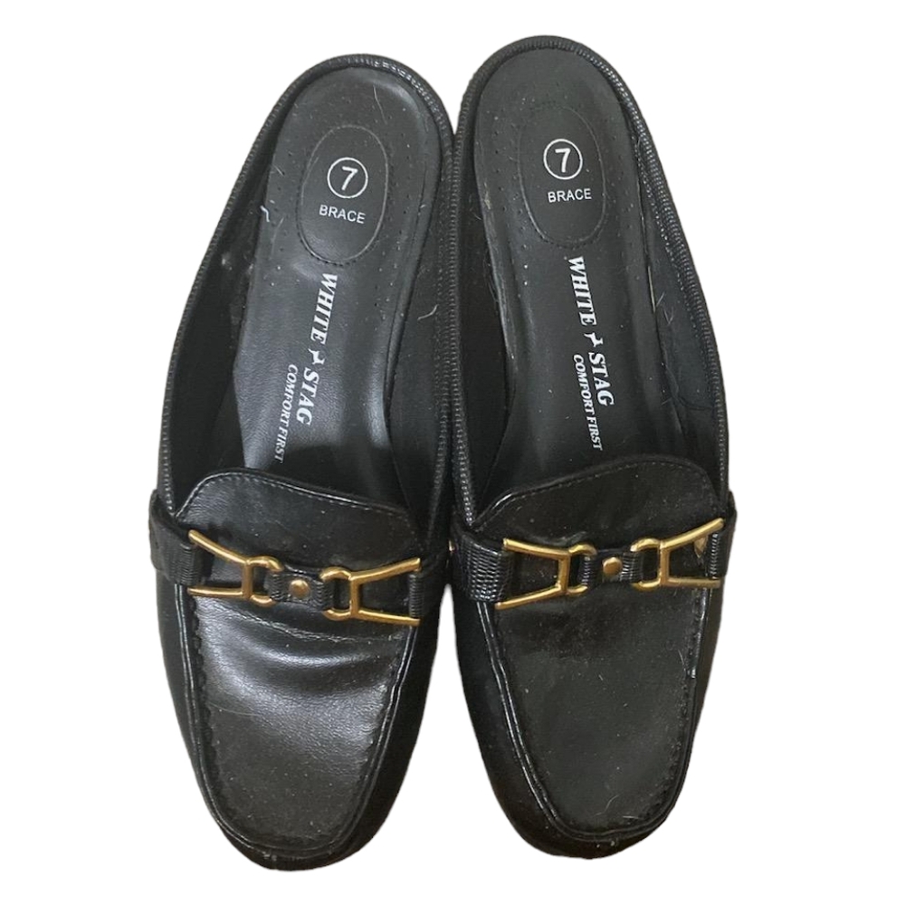 White Stag Brace Mule Loafers Black Slip on Leather Shoes Size 7